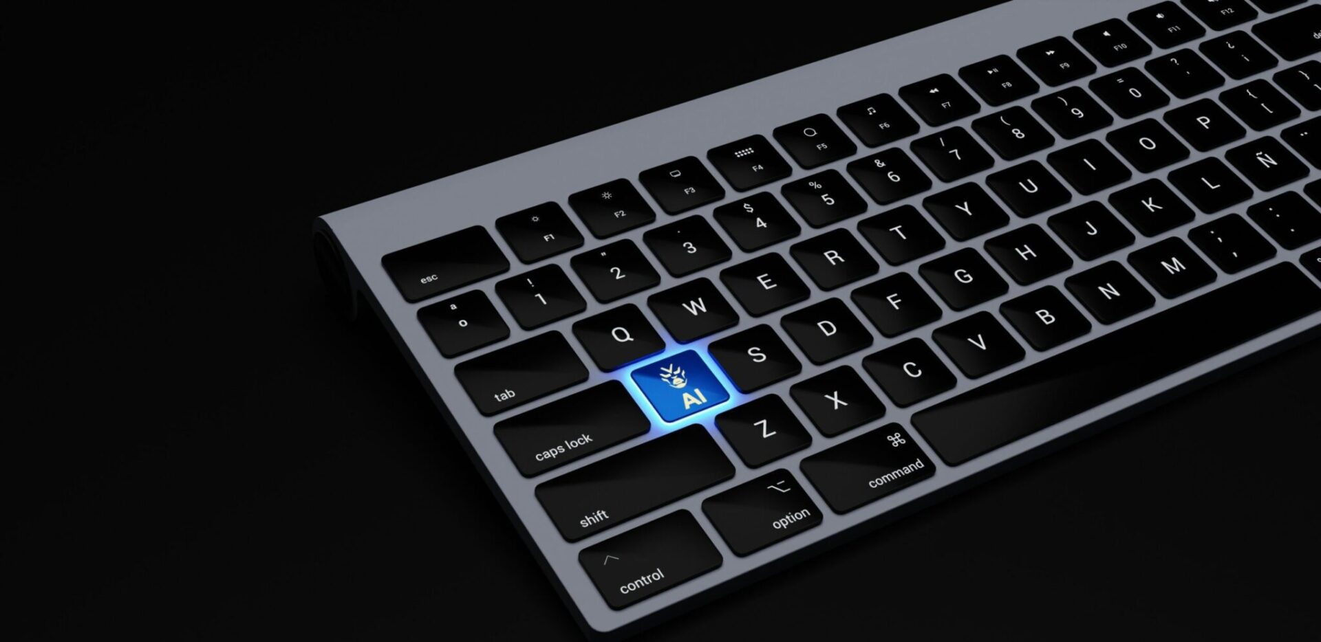 a black keyboard with a blue button on it