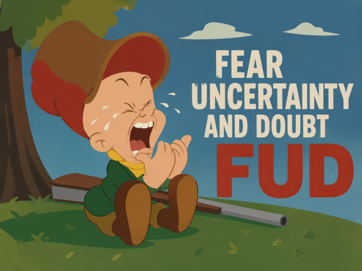 FUD Image | ArcLight Group Cartoon boy crying in a green outfit sits on grass beside a large poster that reads 'FEAR UNCERTAINTY AND DOUBT FUD' on a blue background.