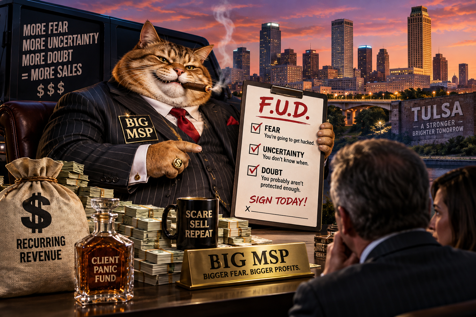 Cat in a pinstripe suit holding a clipboard labeled F.U.D. with a fear, uncertainty, doubt checklist and stacks of cash nearby against a city backdrop of Tulsa.
