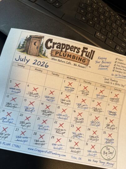 July 2016 calendar page for Crappers Full Plumbing with daily entries and red X marks across many days.