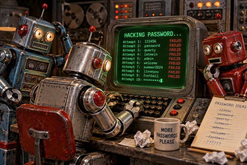 Three retro robots cluster around a vintage computer screen that reads 'HACKING PASSWORD...' with multiple 'FAILED' attempts listed, beside a desk with a notebook of password ideas and a 'MORE PASSWORDS PLEASE' mug on crumpled paper-strewn surfaces.