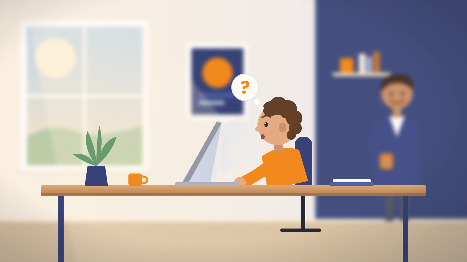 Person in an orange shirt sits at a desk with a computer, thinking with a question-mark bubble, in a bright office with a plant and mug on the desk.